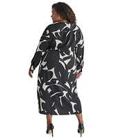 Dkny Plus Printed Side-Wrap Long-Sleeve Midi Dress