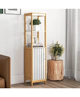 Gymax Tall Bathroom Floor Cabinet Bamboo Bathroom Storage w/Adjustable Shelf &Cupboard