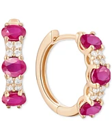 Ruby (1-1/3 ct. t.w.) & Diamond (1/6 ct. t.w.) Oval Small Hoop Earrings 14K Gold, 0.5" (Also available in Emerald & Sapphire)