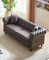 Simplie Fun 85.5" Living Room with Tech Fabric Chesterfield Sofa with Rolled Arms 3 Seater Sofa with Button Design and 2 Cushions for Apartment, Offic