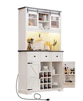71" Farmhosue Pantry Bar Cabinet with Internal Storage Rack, Kitchen Cabinet with Hutch, Sliding Door, Power Outlet, Pegboard, Wine & Glasses Rac