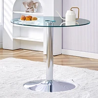 Simplie Fun A glass tabletop with a diameter of 35 inches and a modern minimalist circular dining table with electroplated silver metal legs. Suitable