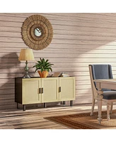 Sideboard Buffet Cabinet, Kitchen Cabinet, Coffee Bar Cabinet with 3 Rattan Doors and Adjustable Shelves, Black and Natural
