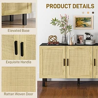 Sideboard Buffet Cabinet, Kitchen Cabinet, Coffee Bar Cabinet with 3 Rattan Doors and Adjustable Shelves, Black and Natural