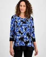 Ak Anne Klein Petite 3/4-Sleeve Solid-Trim Printed Tunic