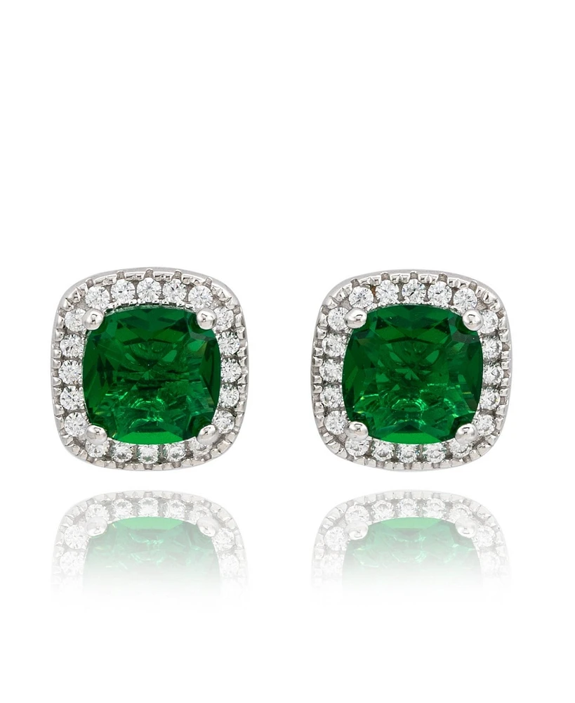 Suzy Levian Sterling Silver Cushion Cut Green Cubic Zirconia Halo Studs