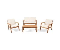 Simplie Fun Temecula Outdoor Acacia Wood 4-Seater Chat Set_Loveseat&Coffee Table&2 Club Chairs - Brown Patina Finish + Cream Cushion