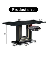 Streamdale Furniture 1 table and 4 black chairs. The table features a black imitation marble pattern desktop and black gold Mdf legs. Pair with 4 blac