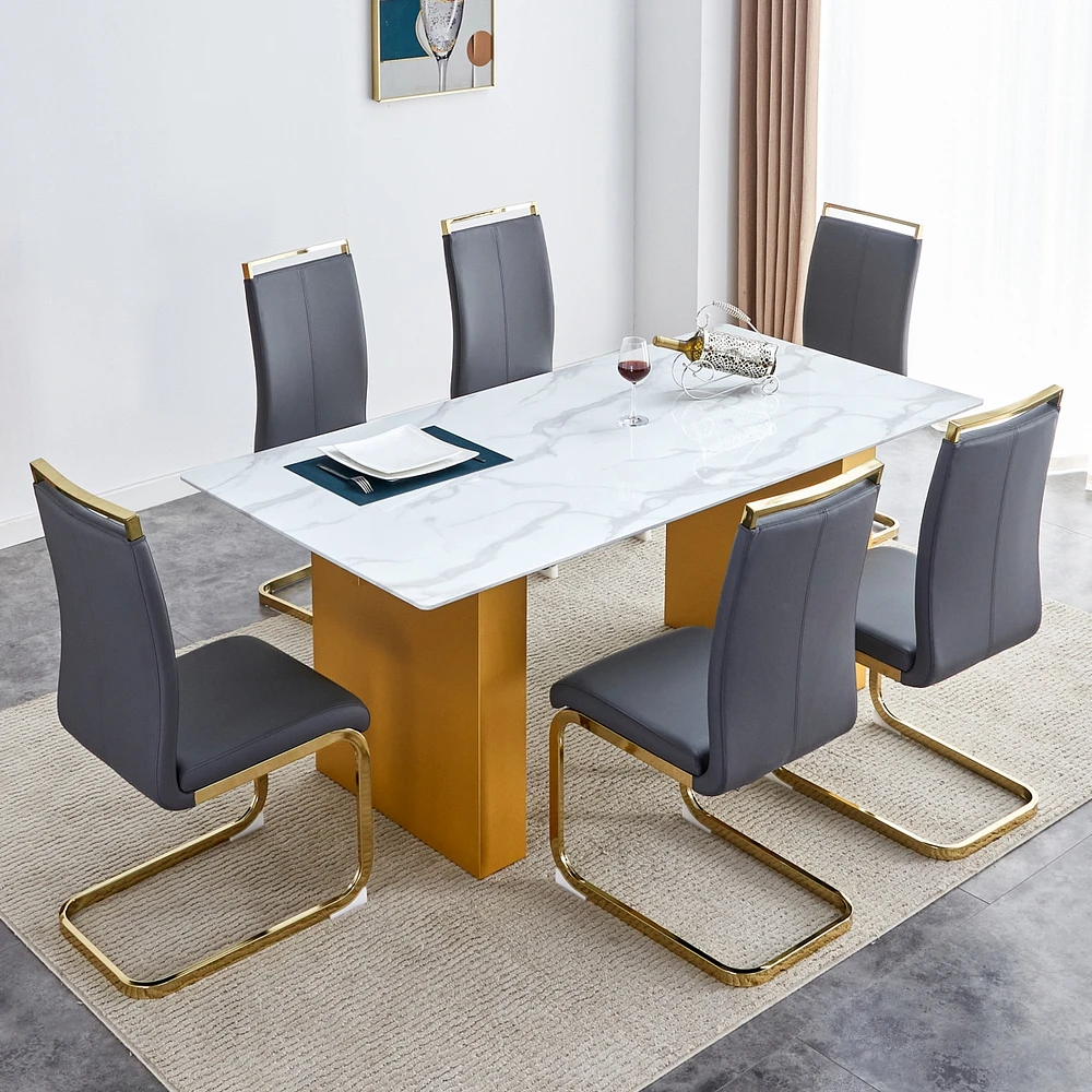 Simplie Fun Table and chair set.Large modern rectangular table with 0.4 inch patterned glass tabletop and large Mdf table legs.Comes with 6 chairs wit