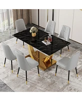 Simplie Fun Table and chair set.Modern rectangular dining table with black textured stickers glass tabletop and gold plated metal legs.Paired with 6 c