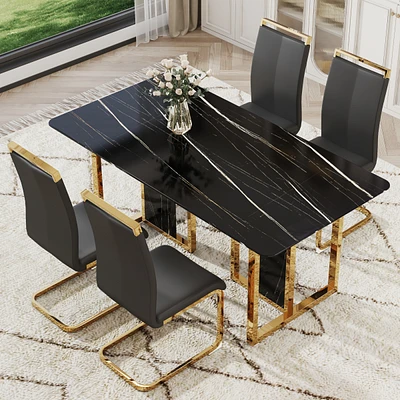 Streamdale Furniture Table and chair set. Modern dining table with Mdf top and beautiful Mdf legs. Equipped with comfortable Pu chairs and metal legs.