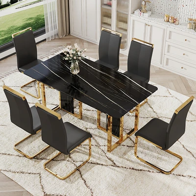 Streamdale Furniture Table and chair set. Modern dining table with Mdf top and beautiful Mdf legs. Equipped with comfortable Pu chairs and metal legs