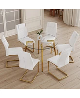 Streamdale Furniture Table and chair set.a Modern Minimalist Style Round Clear Tempered Glass Table with Metal Legs.Paired with white chairs with Mode