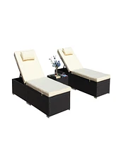 3-Piece Outdoor Patio Furniture Set Chaise Lounge, Patio Reclining Rattan Lounge Chair Chaise Couch Cushioned with Glass Coffee Table