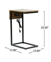 Streamdale Furniture Modern Industrial C-Table With Metal Frame, Mango Wood Top, And Charging Ports