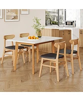 Table and chair set. White sintered stone tabletop, rubberwood legs, foldable computer desk, foldable desk. Solid wood dining chair with small curved