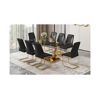 Streamdale Furniture Table and chair set.Modern rectangular dining table with Transparent tempered glass tabletop and gold plated metal legs.Paired wi