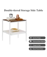 Simplie Fun Set of 2 Rectangle End Table, Tempered Glass Tabletop with Mdf layer, Modern Table for Living Room