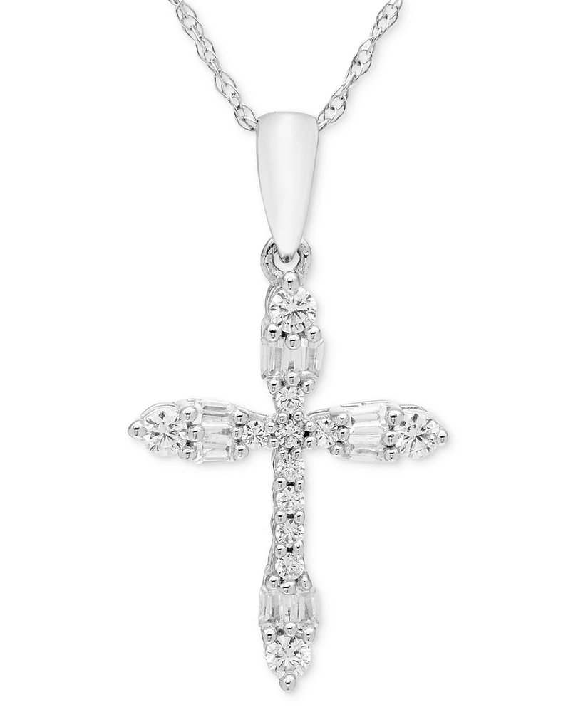 Diamond Round & Baguette Cross 18" Pendant Necklace (1/4 ct. t.w.) in 14k White Gold