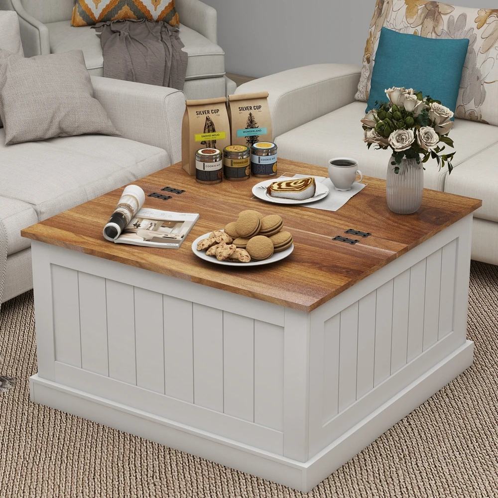 31.5" Farmhouse Coffee Table, Square Wood Center Table with Hinged Lift Top, Rustic Cocktail Table with Large Hidden Storage Compartmen for Livin