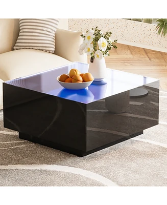 Square High Glossy Coffee Table with 16-color Led Strip Lights, Modern Center Table with 5mm Frosted Tempered Glass Top for Living Room, Black, 27.527