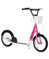 Streamdale Furniture Youth Scooter, Kick Scooter with Adjustable Handlebars, Double Brakes, 16" Inflatable Rubber Tires, Basket, Cupholder, Pink