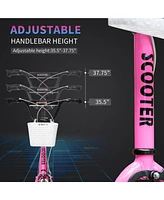 Streamdale Furniture Youth Scooter, Kick Scooter with Adjustable Handlebars, Double Brakes, 16" Inflatable Rubber Tires, Basket, Cupholder, Pink