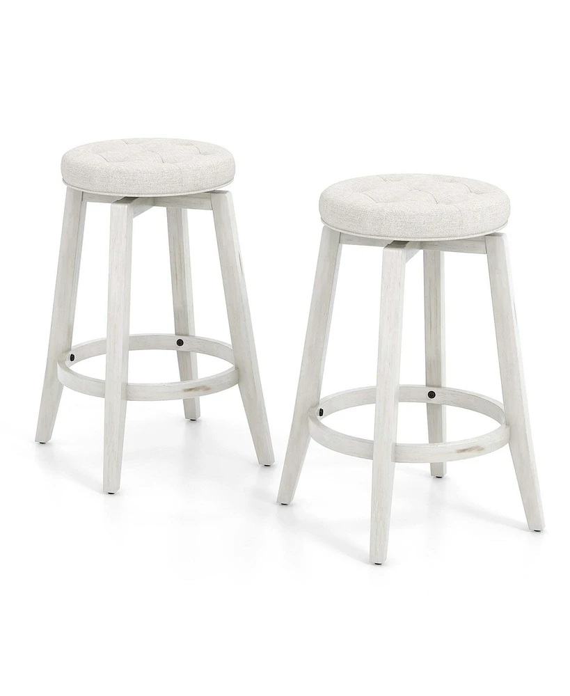 26" Swivel Bar Stool Set of 2 Upholstered Counter Height Rubber Wood Frame