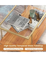 Gymax Coffee Table Rectangle Glass Top w/ Storage Shelf & Gold Steel Frame Living Room