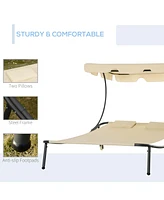 Patio Double Chaise Lounge Chair, Outdoor Wheeled Hammock Daybed with Adjustable Canopy and Pillow for Sun Room, Garden, or Poolside, Beige