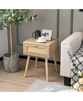 Gymax 2 Pcs Nightstand Bedside Sofa Table with Rattan Drawer for Bedroom & Living Room