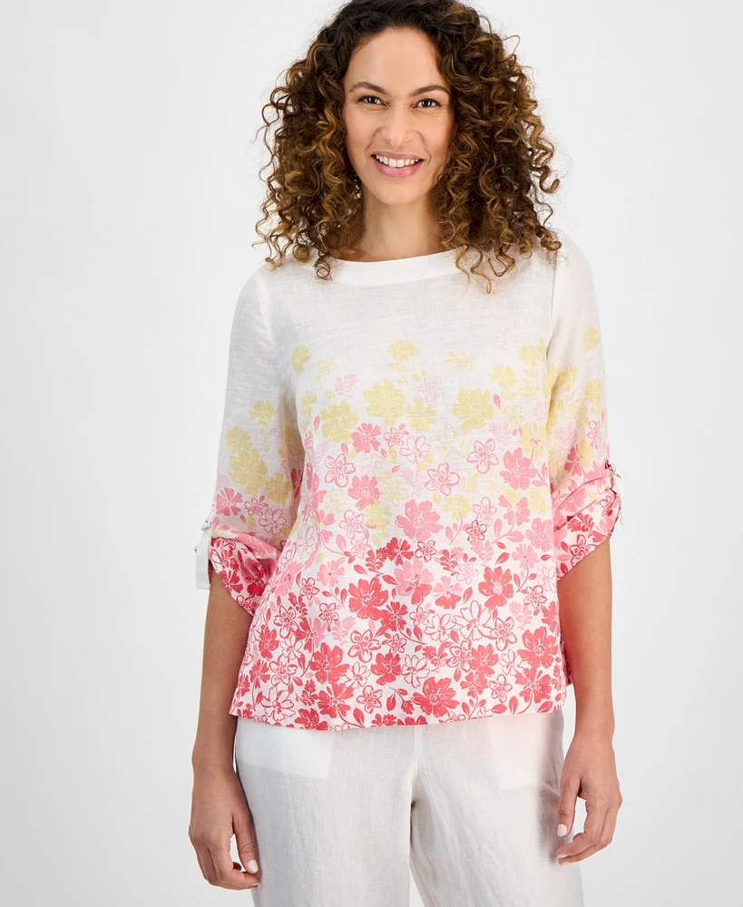 Charter Club Petite Linen Ombre Floral Print Top, Exclusively at Macy's