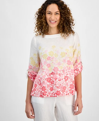 Charter Club Petite 100% Linen Ombre Floral Print Top, Exclusively at Macy's