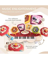 2 in 1 Kids Piano Keyboard with Drum Set, 32-Key Electronic Musical Instrument with Multiple Sounds, Lights, Microphone, Stool, MP3, U-disk, Auto-Hibe