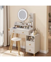 Slickblue Round Mirror Bedside Cabinet Vanity Table with Cushioned Stool – Chic Bedroom Makeup Station