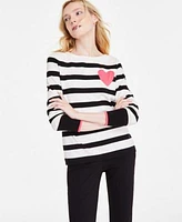 Jones New York Womens Striped Heart Boat Neck Sweater Stretch Twill Cropped Pull On Pants
