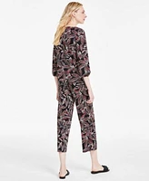 Jones New York Womens Printed Moss Crepe Button Shoulder Top Wide Leg Pull On Pants