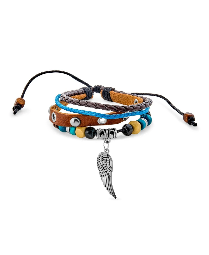 Bling Jewelry Retro Boho Angel Wing Leather Triple Wrap Multi Layer Charm Bracelet Adjustable