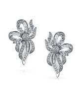 Bling Jewelry Victorian Holiday Style Cocktail Clear Ribbon baguette Cubic Zirconia Cz Bow Drop Stud Earrings For Women Silver Plated