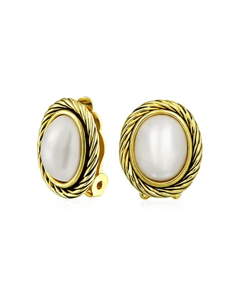 Bling Jewelry White Simulated Mabe Pearls Clip-On Earrings with Twist Rope Cable Design