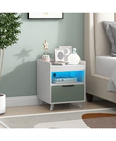 Gymax Nightstand Modern Beside End Table w/ Led Lights Open Compartment & Drawer