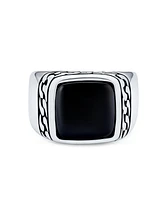 Bling Jewelry Chain Link Accent Statement Rectangle Signet Natural Black Onyx Ring Silver