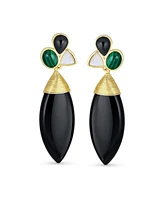 Bling Jewelry Fashion Multi Color Cluster Accent Wire Wrap Large Pointed Pear Shape Natural Green White Black Onyx Teardrop Drop Earrings Yellow Gold