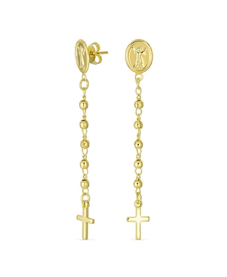 Bling Jewelry Religious Medallion Long Chain Dangle Angel & Cross Earrings Gold Plated