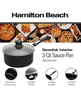 Hamilton Beach Nonstick Covered Sauce Pan 3-Qt - Black Aluminum Saucepan with Soft Touch Bakelite Handle & Glass Lid - Flared Edge