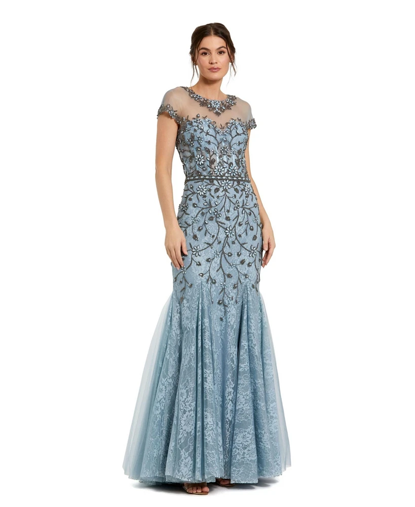 Mac Duggal Women's Sheer Top Embellished Mermaid Gown