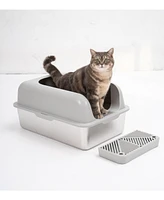 Enclosed Stainless Steel Cat Litter Box with Lid Extra Large, Litter Box for Big Cats Xl Metal Litter Pan Tray with High Wall Sides Enclosure, Non-Sti