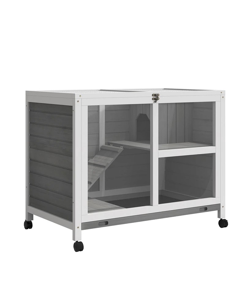 Streamdale Furniture Indoor Rabbit Hutch with Wheels, Desk and Side Table Sized, Wood Rabbit Cage, Waterproof Small Rabbit Cage, Gray