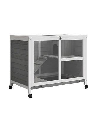 Streamdale Furniture Indoor Rabbit Hutch with Wheels, Desk and Side Table Sized, Wood Rabbit Cage, Waterproof Small Rabbit Cage, Gray