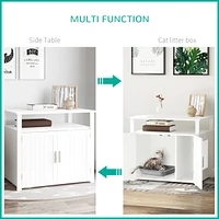 Wooden Cat Litter Box Enclosure Furniture with Adjustable Partition, Cat Washroom End Table with Open Shelf, White